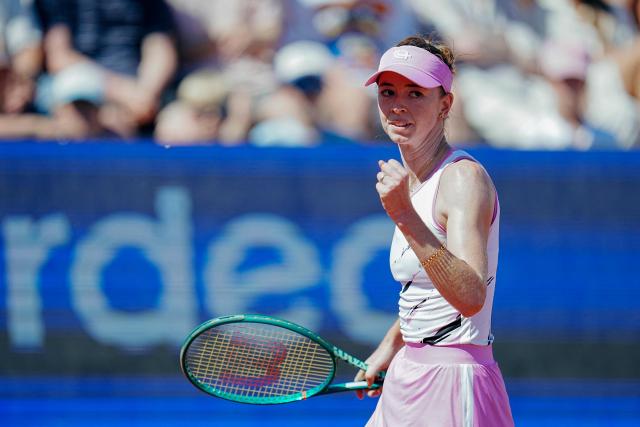 Switzerland's Simona Waltert celebrates a point as she plays against Spain's Paula Badosa  during the women's singles final match at the WTA Nordea Open tennis tournament in Bastad, Sweden on July 11, 2026. (Photo by Bjorn LARSSON ROSVALL / TT News Agency / AFP) / Sweden OUT