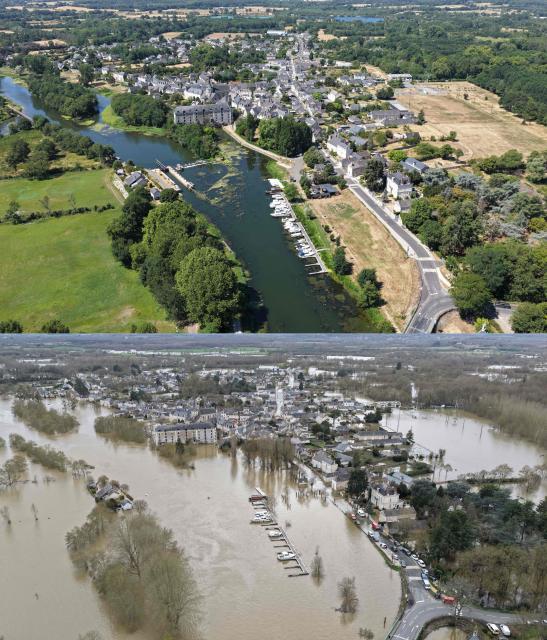 (COMBO) This combination of pictures created on July 11, 2026 shows (up) an aerial view of partially dried out areas of the River Sarthe in Cheffes, western France,on July 10, 2026 and (below) an aerial view of the flooding during the evacuation of the whole city of Cheffes, western France, on February 02, 2026. Western Europe this year experienced its hottest June on record as a searing heatwave swept across a continent facing increasingly frequent and intense heat extremes, the EU's climate monitor said July 9, 2026. Scientists say human-induced climate change is making extreme weather events like heatwaves, droughts and floods more intense, resulting in temperature records being broken more frequently. (Photo by Damien MEYER / AFP)
