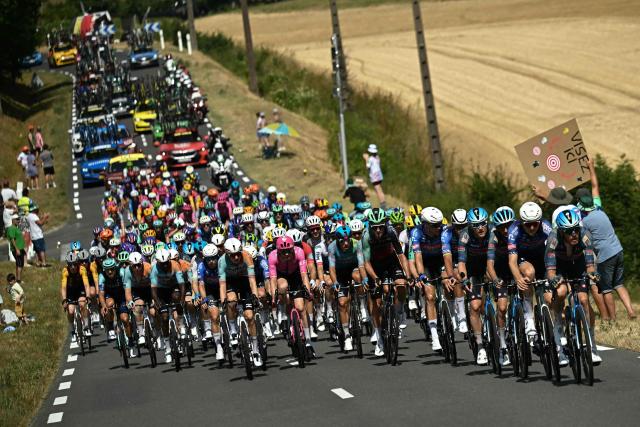 The pack of riders (peloton) cycles during the 8th stage of the 113th edition of the Tour de France cycling race, 180,4 km between Perigueux and Bergerac in southwestern France, on July 11, 2026. (Photo by Loic VENANCE / AFP)