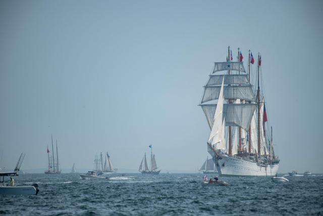 Ships make their way toward Boston during the Sail Boston Parade of Sail in Boston Harbor in Boston, Massachusetts on July 11, 2026. (Photo by Joseph Prezioso / AFP)