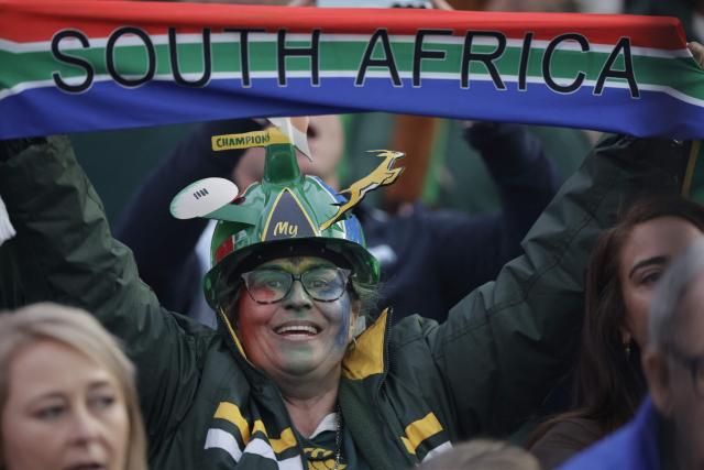 South African supporters sing the national anthem during the rugby Nations Championship match between South Africa and Scotland at Loftus Versfeld Stadium in Pretoria on July 11, 2026. (Photo by PHILL MAGAKOE / AFP)