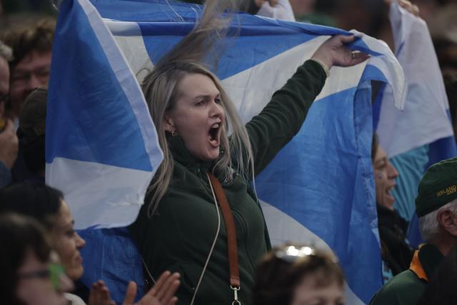 Scotland supporters sing the national anthem during the rugby Nations Championship match between South Africa and Scotland at Loftus Versfeld Stadium in Pretoria on July 11, 2026. (Photo by PHILL MAGAKOE / AFP)