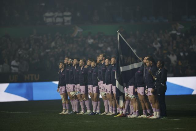 Scotland Rugby team stands for the national anthem during the rugby Nations Championship match between South Africa and Scotland at Loftus Versfeld Stadium in Pretoria on July 11, 2026. (Photo by PHILL MAGAKOE / AFP)