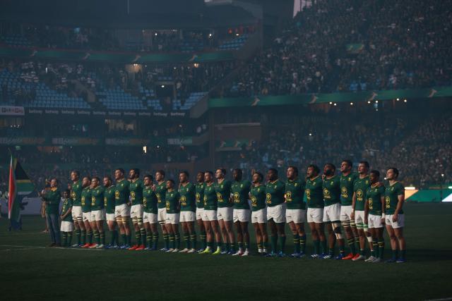 South Africa rugby team stands for the national anthem during the rugby Nations Championship match between South Africa and Scotland at Loftus Versfeld Stadium in Pretoria on July 11, 2026. (Photo by PHILL MAGAKOE / AFP)