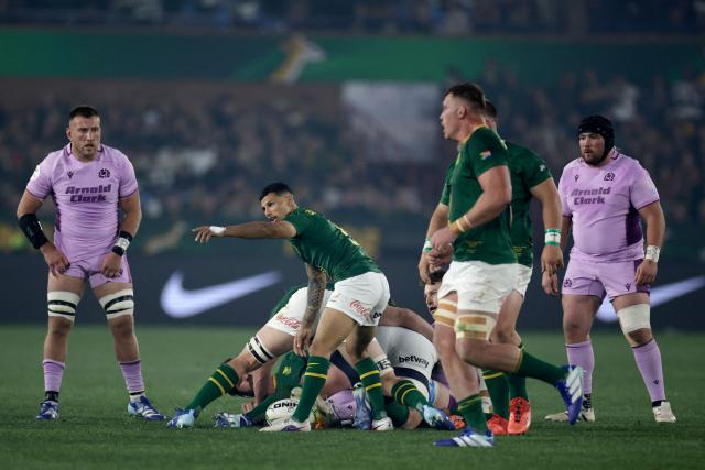 South Africa's scrum-half Embrose Papier gestures during the rugby Nations Championship match between South Africa and Scotland at Loftus Versfeld Stadium in Pretoria on July 11, 2026. (Photo by PHILL MAGAKOE / AFP)