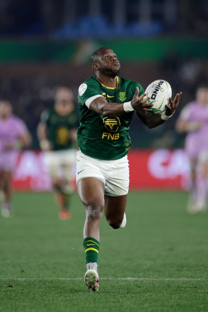 South Africa's fullback Aphelele Fassi catches the ball during the rugby Nations Championship match between South Africa and Scotland at Loftus Versfeld Stadium in Pretoria on July 11, 2026. (Photo by PHILL MAGAKOE / AFP)