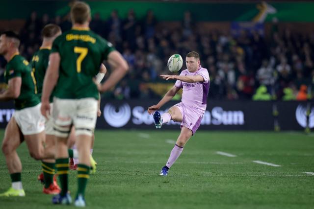 Scotland's fly-half Finn Russell kicks the ball during the rugby Nations Championship match between South Africa and Scotland at Loftus Versfeld Stadium in Pretoria on July 11, 2026. (Photo by PHILL MAGAKOE / AFP)