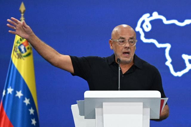 Venezuela's National Assembly President Jorge Rodriguez speaks during a press conference at La Carlota military air base in Caracas on July 11, 2026, following the June 24 earthquakes. The Venezuelan government on July 11 rejected the possibility of Colombia leading the reconstruction of areas affected by the earthquakes in Venezuela, as proposed by that country's president-elect, far-right politician Abelardo de la Espriella. (Photo by Raul ARBOLEDA / AFP)