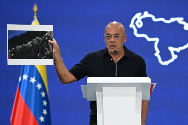 Venezuela's National Assembly President Jorge Rodriguez speaks during a press conference at La Carlota military air base in Caracas on July 11, 2026, following the June 24 earthquakes. The Venezuelan government on July 11 rejected the possibility of Colombia leading the reconstruction of areas affected by the earthquakes in Venezuela, as proposed by that country's president-elect, far-right politician Abelardo de la Espriella. (Photo by Raul ARBOLEDA / AFP)
