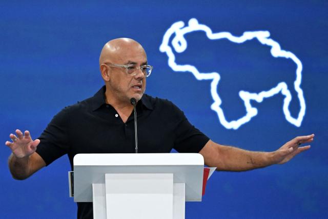 Venezuela's National Assembly President Jorge Rodriguez speaks during a press conference at La Carlota military air base in Caracas on July 11, 2026, following the June 24 earthquakes. The Venezuelan government on July 11 rejected the possibility of Colombia leading the reconstruction of areas affected by the earthquakes in Venezuela, as proposed by that country's president-elect, far-right politician Abelardo de la Espriella. (Photo by Raul ARBOLEDA / AFP)
