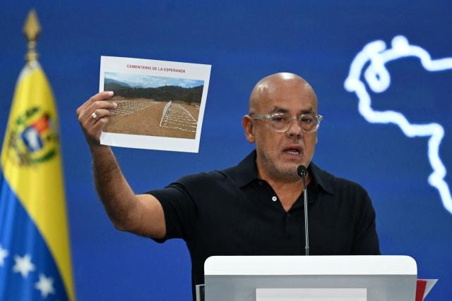 Venezuela's National Assembly President Jorge Rodriguez speaks during a press conference at La Carlota military air base in Caracas on July 11, 2026, following the June 24 earthquakes. The Venezuelan government on July 11 rejected the possibility of Colombia leading the reconstruction of areas affected by the earthquakes in Venezuela, as proposed by that country's president-elect, far-right politician Abelardo de la Espriella. (Photo by Raul ARBOLEDA / AFP)
