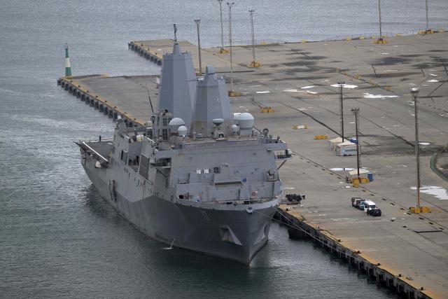 The amphibious transport dock USS San Antonio (LPD-17) is seen at the port of La Guaira, La Guaira state, Venezuela, on July 11, 2026, following the June 24 earthquakes. The death toll from the twin earthquakes that struck Venezuela on June 24 has risen to more than 4,300, National Assembly President Jorge Rodriguez said on July 11. (Photo by Juan BARRETO / AFP)