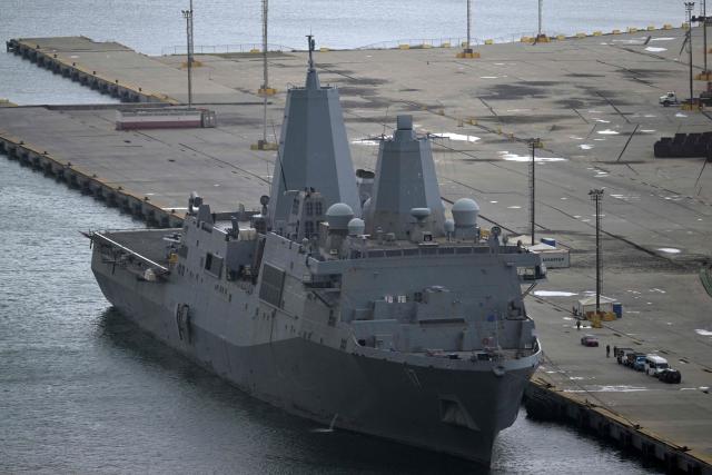 The amphibious transport dock USS San Antonio (LPD-17) is seen at the port of La Guaira, La Guaira state, Venezuela, on July 11, 2026, following the June 24 earthquakes. The death toll from the twin earthquakes that struck Venezuela on June 24 has risen to more than 4,300, National Assembly President Jorge Rodriguez said on July 11. (Photo by Juan BARRETO / AFP)