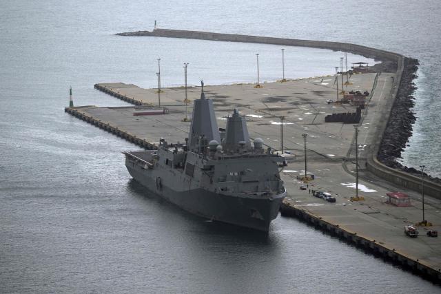 The amphibious transport dock USS San Antonio (LPD-17) is seen at the port of La Guaira, La Guaira state, Venezuela, on July 11, 2026, following the June 24 earthquakes. The death toll from the twin earthquakes that struck Venezuela on June 24 has risen to more than 4,300, National Assembly President Jorge Rodriguez said on July 11. (Photo by Juan BARRETO / AFP)