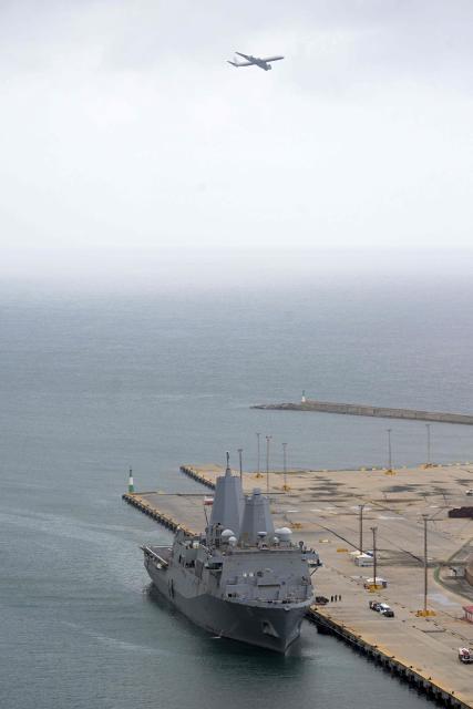 The amphibious transport dock USS San Antonio (LPD-17) is seen at the port of La Guaira, La Guaira state, Venezuela, on July 11, 2026, following the June 24 earthquakes. The death toll from the twin earthquakes that struck Venezuela on June 24 has risen to more than 4,300, National Assembly President Jorge Rodriguez said on July 11. (Photo by Juan BARRETO / AFP)