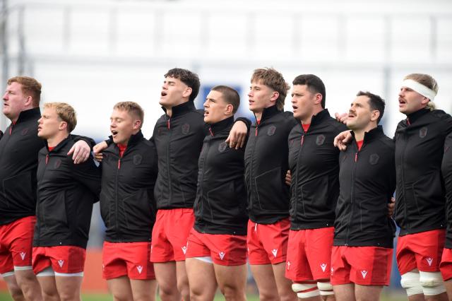 Wales players sing the national anthem before the Rugby Union Nations Championship match between Argentina and Wales at San Juan del Bicentenario Stadium in San Juan, Argentina, on July 11, 2026. (Photo by Andres LARROVERE / AFP)