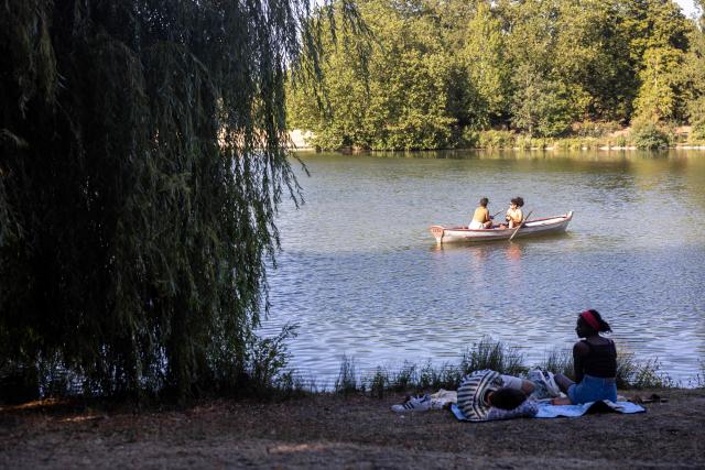 A couple sits in the shadow of a tree to protect from the sun by the Daumesnil Lake during a heatwave at the Bois de Vincennes park in Paris on July 11, 2026. (Photo by Behrouz MEHRI / AFP)