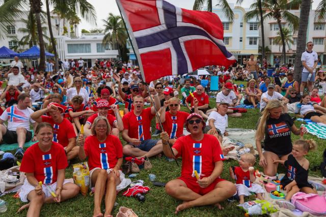Norwegian fans gather to watch the World Cup quarterfinal match between England vs Norway in Miami Beach, Florida, on July 11, 2026. (Photo by Giorgio VIERA / AFP)