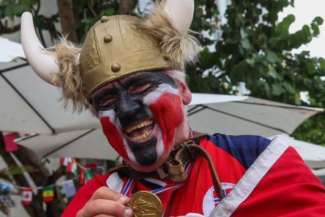 Norwegian fans gather to watch the World Cup quarterfinal match between England vs Norway in Miami Beach, Florida, on July 11, 2026. (Photo by Giorgio Viera / AFP)