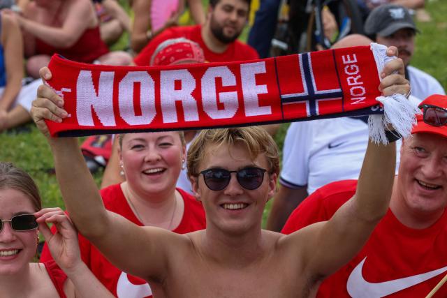 Norwegian fans gather to watch the World Cup quarterfinal match between England vs Norway in Miami Beach, Florida, on July 11, 2026. (Photo by Giorgio Viera / AFP)