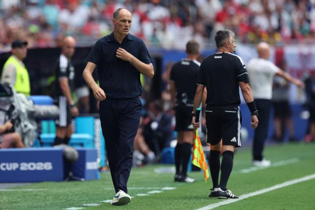 England's German head coach Thomas Tuchel gestures during the 2026 World Cup football tournament quarter-final match between Norway and England at Miami Stadium in Miami Gardens on July 11, 2026.  (Photo by PATRICIA DE MELO MOREIRA / AFP)