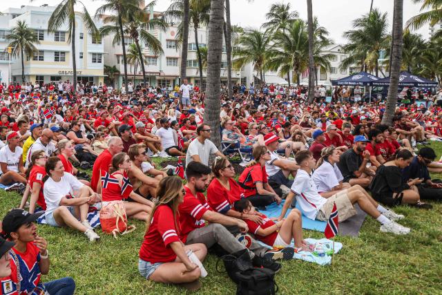 Norwegian fans gather to watch the World Cup quarterfinal football match between England and Norway, in Miami Beach, Florida, on July 11, 2026. (Photo by Giorgio VIERA / AFP)