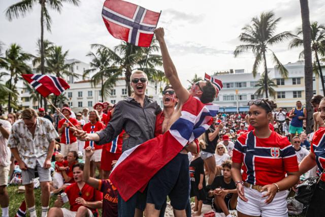 Norwegian fans celebrate a goal as they gather to watch the World Cup quarterfinal football match between England and Norway, in Miami Beach, Florida, on July 11, 2026. (Photo by Giorgio VIERA / AFP)