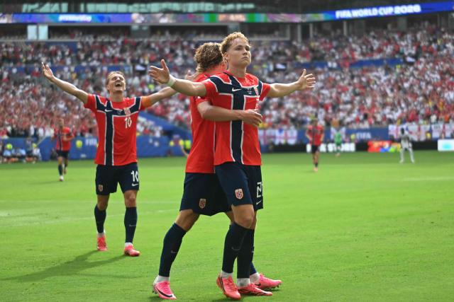 Norway's midfielder #21 Andreas Schjelderup celebrates scoring his team's first goal during the 2026 World Cup football tournament quarter-final match between Norway and England at Miami Stadium in Miami Gardens on July 11, 2026.  (Photo by MAURO PIMENTEL / AFP)