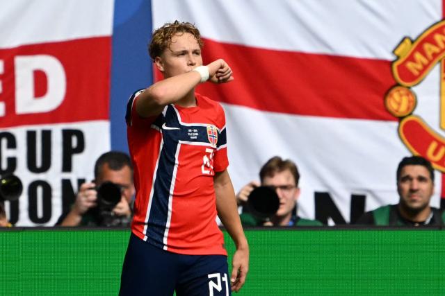 Norway's midfielder #21 Andreas Schjelderup celebrates scoring his team's first goal during the 2026 World Cup football tournament quarter-final match between Norway and England at Miami Stadium in Miami on July 11, 2026.  (Photo by ROBERTO SCHMIDT / AFP)