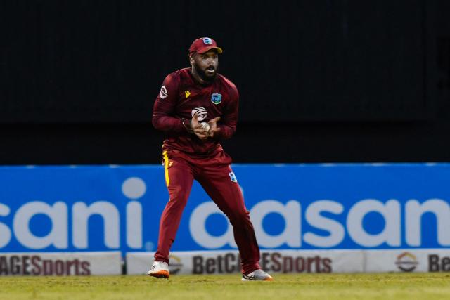 John Campbell of West Indies takes the catch to dismiss Mitchell Santner of New Zealand (unseen) during the first one-day international (ODI) cricket match between West Indies and New Zealand at Guyana National Stadium in Providence, Guyana on July 11, 2026. (Photo by Randy Brooks / AFP)