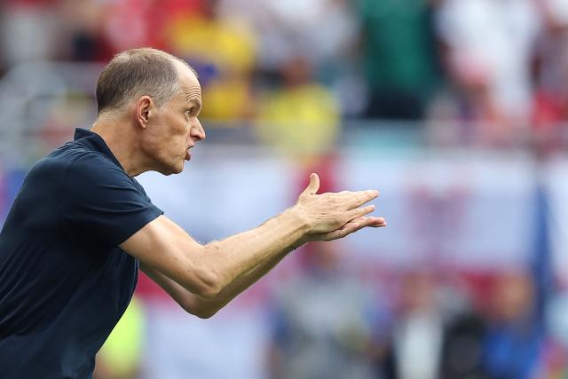 England's German head coach Thomas Tuchel gestures during the 2026 World Cup football tournament quarter-final match between Norway and England at Miami Stadium in Miami Gardens on July 11, 2026.  (Photo by PATRICIA DE MELO MOREIRA / AFP)