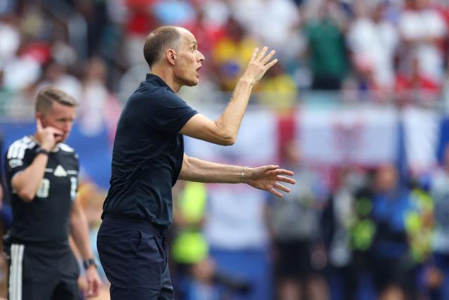England's German head coach Thomas Tuchel gestures during the 2026 World Cup football tournament quarter-final match between Norway and England at Miami Stadium in Miami Gardens on July 11, 2026.  (Photo by PATRICIA DE MELO MOREIRA / AFP)