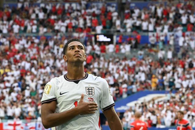 England's midfielder #10 Jude Bellingham celebrates after scoring his team's second goal during the 2026 World Cup football tournament quarter-final match between Norway and England at Miami Stadium in Miami on July 11, 2026.  (Photo by ROBERTO SCHMIDT / AFP)