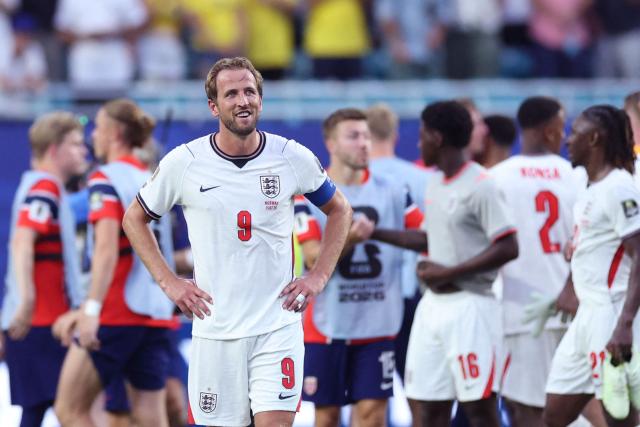 England's forward #09 Harry Kane reacts after winning the 2026 World Cup football tournament quarter-final match between Norway and England at Miami Stadium in Miami Gardens on July 11, 2026.  (Photo by PATRICIA DE MELO MOREIRA / AFP)