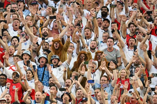 England's fans celebrate after winning the 2026 World Cup football tournament quarter-final match between Norway and England at Miami Stadium in Miami Gardens on July 11, 2026.  (Photo by CHANDAN KHANNA / AFP)