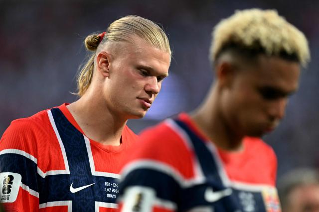 Norway's forward #09 Erling Braut Haaland reacts after losing the 2026 World Cup football tournament quarter-final match between Norway and England at Miami Stadium in Miami Gardens on July 11, 2026.  (Photo by CHANDAN KHANNA / AFP)