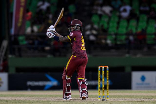 Keacy Carty of West Indies hits 6 during the first one-day international (ODI) cricket match between West Indies and New Zealand at Guyana National Stadium in Providence, Guyana on July 11, 2026. (Photo by Randy Brooks / AFP)