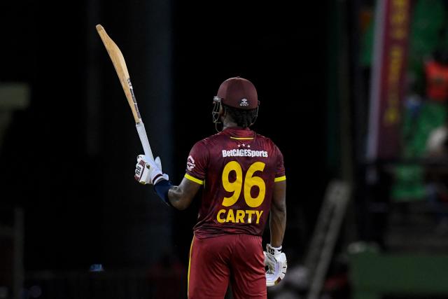 Keacy Carty of West Indies celebrates his half-century during the first one-day international (ODI) cricket match between West Indies and New Zealand at Guyana National Stadium in Providence, Guyana on July 11, 2026. (Photo by Randy Brooks / AFP)