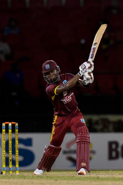 Keacy Carty of West Indies hits 4 during the first one-day international (ODI) cricket match between West Indies and New Zealand at Guyana National Stadium in Providence, Guyana on July 11, 2026. (Photo by Randy Brooks / AFP)