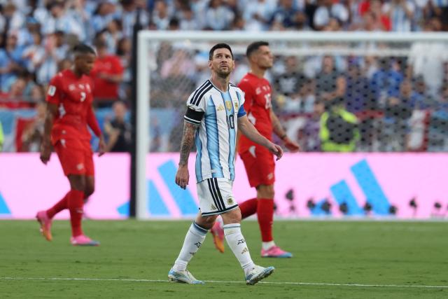 Argentina's forward #10 Lionel Messi walks on the pitch during the 2026 World Cup football tournament quarter-final match between Argentina and Switzerland at the Kansas City Stadium in Kansas City on July 11, 2026.  (Photo by Odd ANDERSEN / AFP)