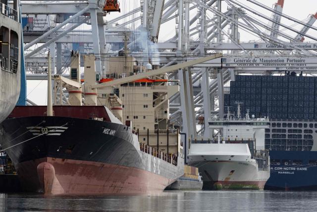 MSC Amy container ship is moored at Le Havre harbour, northwestern France on June 30, 2026. (Photo by Alain JOCARD / AFP)