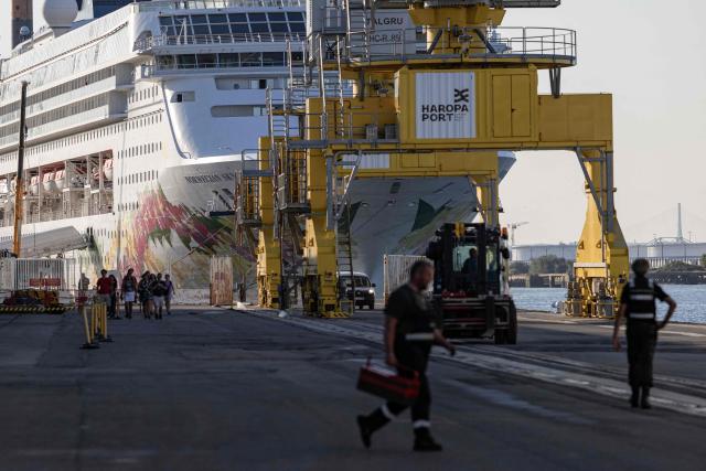 A cruise ship is moored in the northwestern harbour of Le Havre on July 8, 2026. (Photo by Alain JOCARD / AFP)
