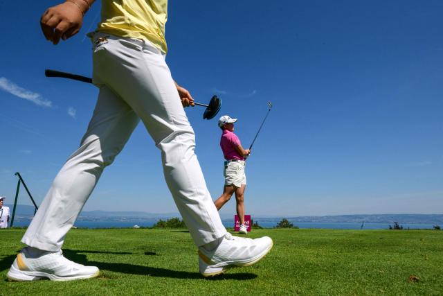 Japan's Aki Iwai competes during the fourth round of the Amundi Evian Championship at Evian Resort Golf Club, in Evian-Les-Bains, centre eastern France on July 12,2026. (Photo by OLIVIER CHASSIGNOLE / AFP)
