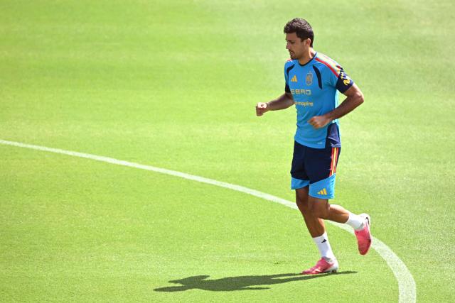 Spain's midfielder #16 Rodri takes part in   a training session at the at the Cotton Bowl Stadium in Dallas on July 12, 2026, during the 2026 World Cup foorball tournament. (Photo by Paul ELLIS / AFP)