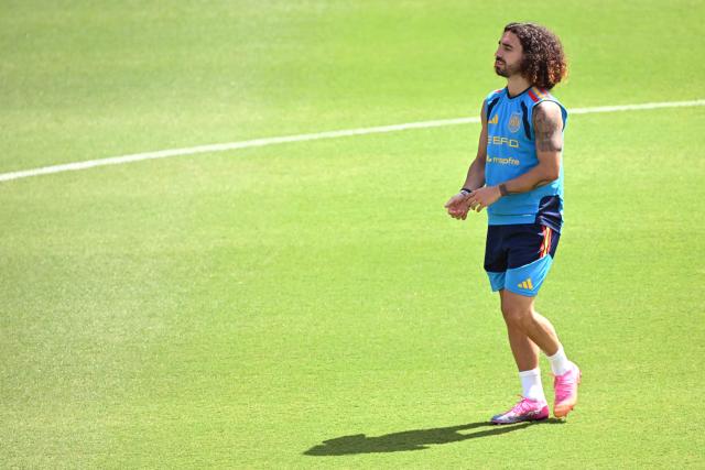 Spain's defender #24 Marc Cucurella takes part in a  training session at the at the Cotton Bowl Stadium in Dallas on July 12, 2026, during the 2026 World Cup foorball tournament. (Photo by Paul ELLIS / AFP)