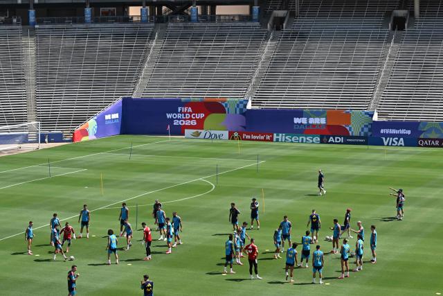 Spain's players take part in a training session at the at the Cotton Bowl Stadium in Dallas on July 12, 2026, during the 2026 World Cup foorball tournament. (Photo by Paul ELLIS / AFP)