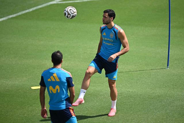 Spain's midfielder #06 Mikel Merino takes part in a training session at the at the Cotton Bowl Stadium in Dallas on July 12, 2026, during the 2026 World Cup foorball tournament. (Photo by Paul ELLIS / AFP)