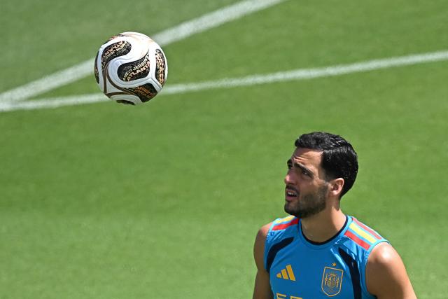 Spain's midfielder #06 Mikel Merino takes part in a training session at the at the Cotton Bowl Stadium in Dallas on July 12, 2026, during the 2026 World Cup foorball tournament. (Photo by Paul ELLIS / AFP)
