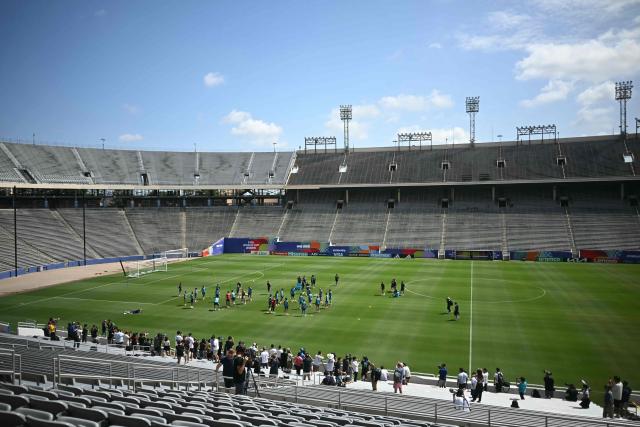 A general view shows the interior of the stadium as Spain's players take part in a training session at the at the Cotton Bowl Stadium in Dallas on July 12, 2026, during the 2026 World Cup foorball tournament. (Photo by Paul ELLIS / AFP)