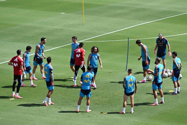 Spain's players take part in a training session at the at the Cotton Bowl Stadium in Dallas on July 12, 2026, during the 2026 World Cup foorball tournament. (Photo by Paul ELLIS / AFP)